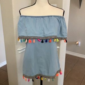 Speed Limit light blue light wash denim with multi colored tassels top Size M